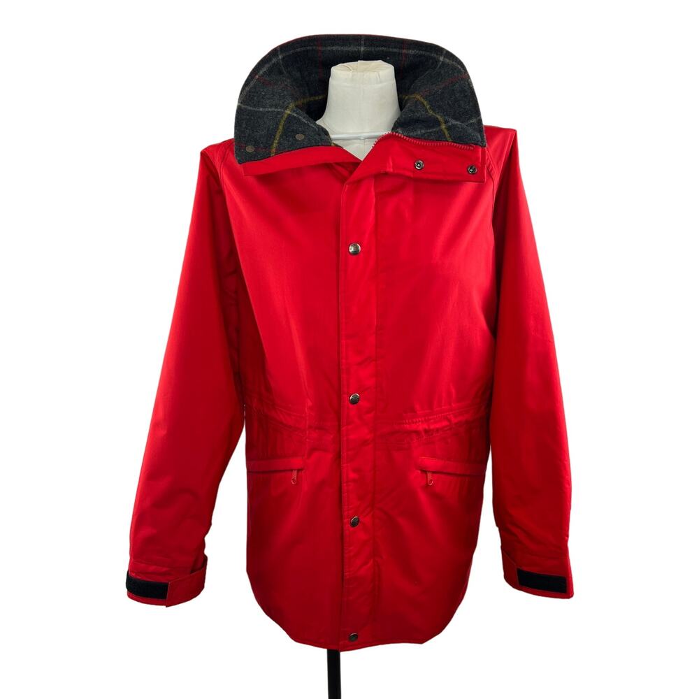 VTG Woolrich Red Softshell Wool Plaid Lined Button Front Jacket Large L Made USA
